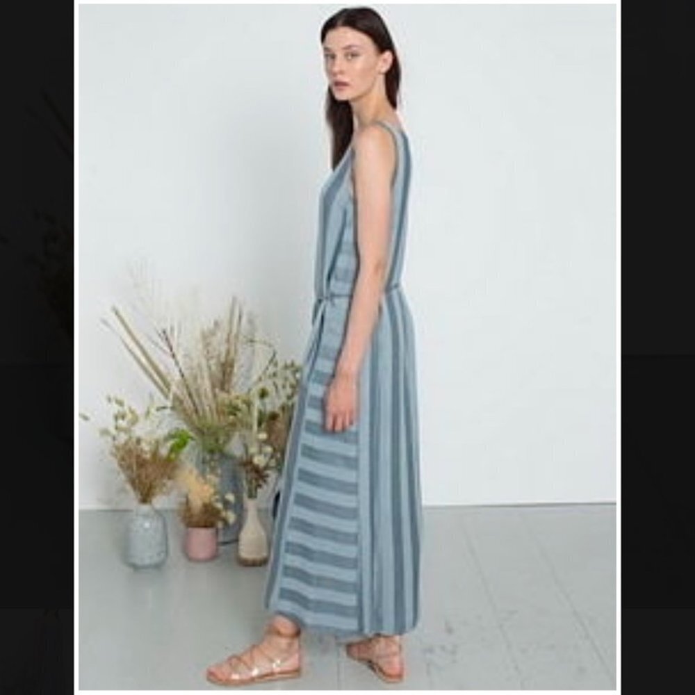NWT Sita Murt teal blue mixed stripe Sleeveless maxi  dress waist tie size ~LG